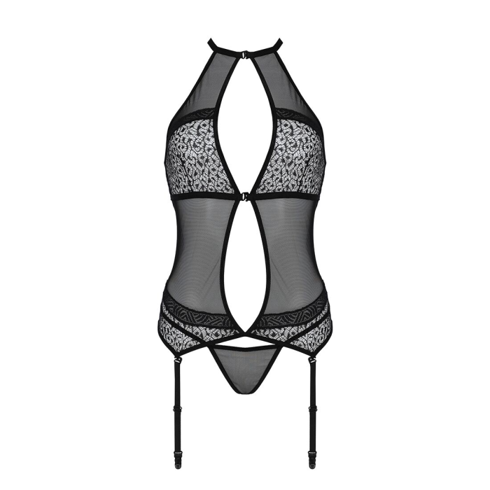 Корсет з пажами Passion SATARA CORSET S/M black, стрінги, мереживо, застібки спереду та ззаду