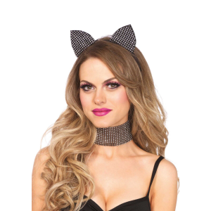 Набір кішечки зі стразами Leg Avenue Cat ear headband & choker set, широкий чокер та вушка