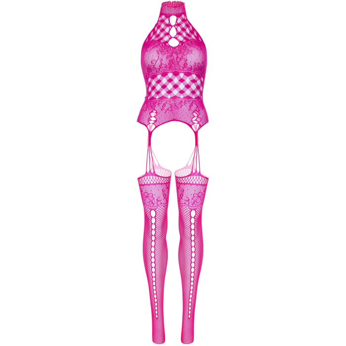 Мереживний бодістокінг з відкритим доступом Leg Avenue High neck lace bodystocking One size Raspberr