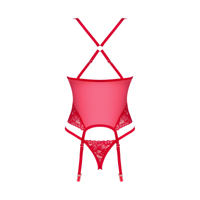 Прозорий корсет Obsessive Lacelove corset XS/S Red, мереживо, підв’язки для панчіх