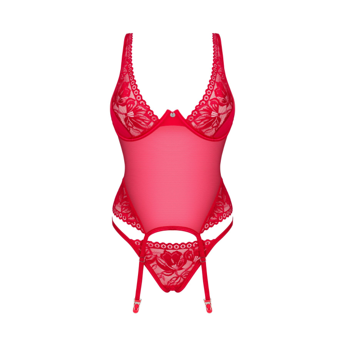 Прозорий корсет Obsessive Lacelove corset M/L Red, мереживо, підв’язки для панчіх