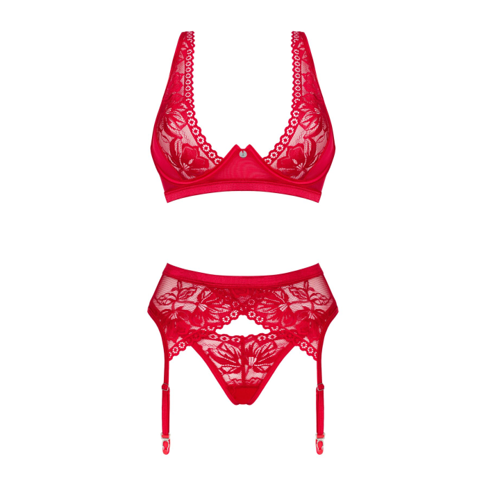 Комплект білизни Obsessive Lacelove cupless 3-pcs set XL/2XL Red, бюстгальтер, стрінги, пояс для панчіх