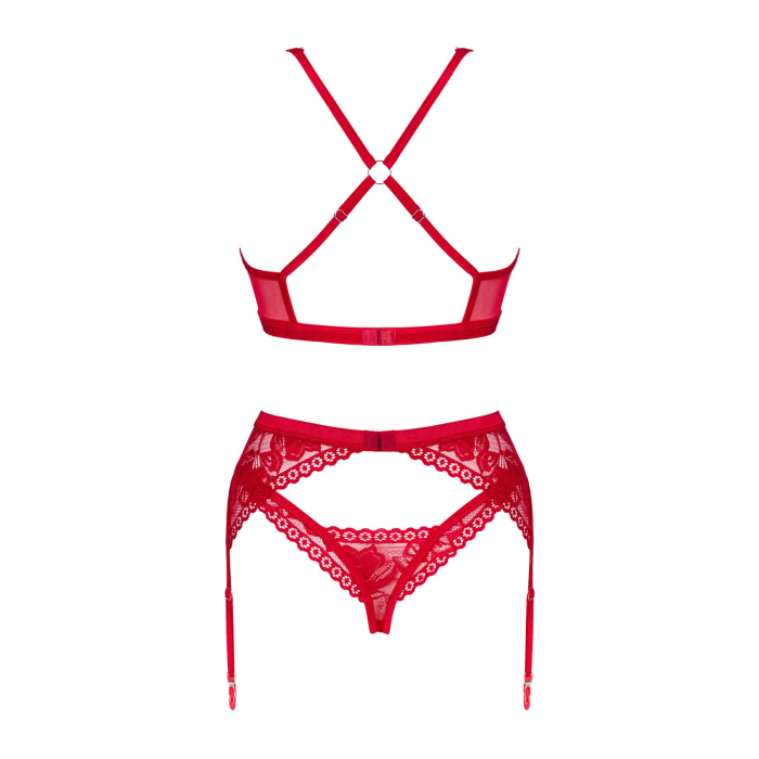Комплект білизни Obsessive Lacelove cupless 3-pcs set XL/2XL Red, бюстгальтер, стрінги, пояс для панчіх