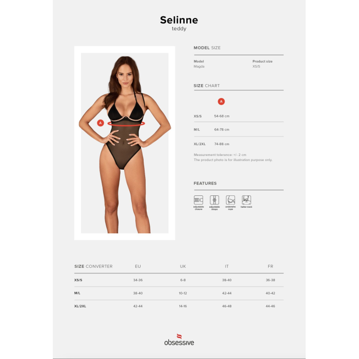 Прозоре боді Obsessive Selinne teddy XL/2XL Black, дрібна сітка, подвійні бретелі