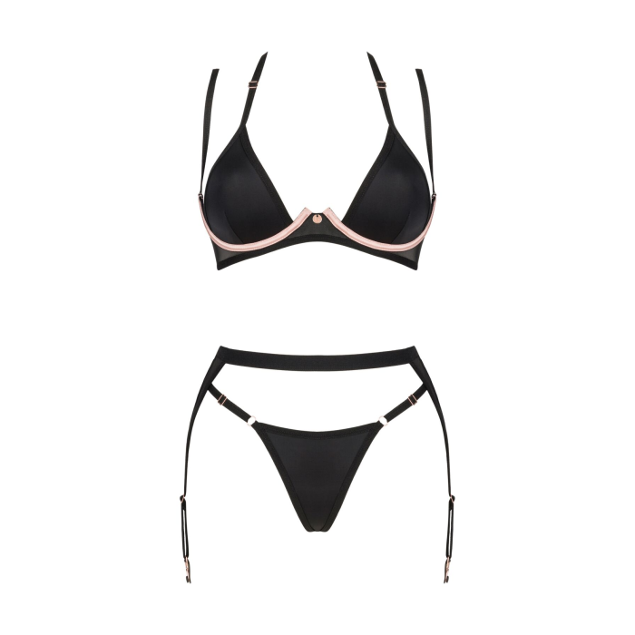 Комплект білизни Obsessive Selinne 3-pcs set XL/2XL Black, бюстгальтер, стрінги пояс для панчіх