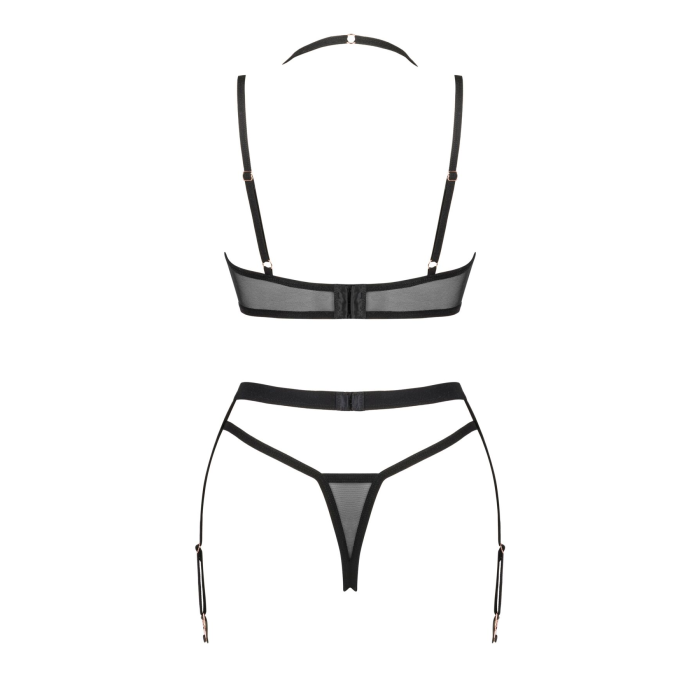 Комплект білизни Obsessive Selinne 3-pcs set XL/2XL Black, бюстгальтер, стрінги пояс для панчіх