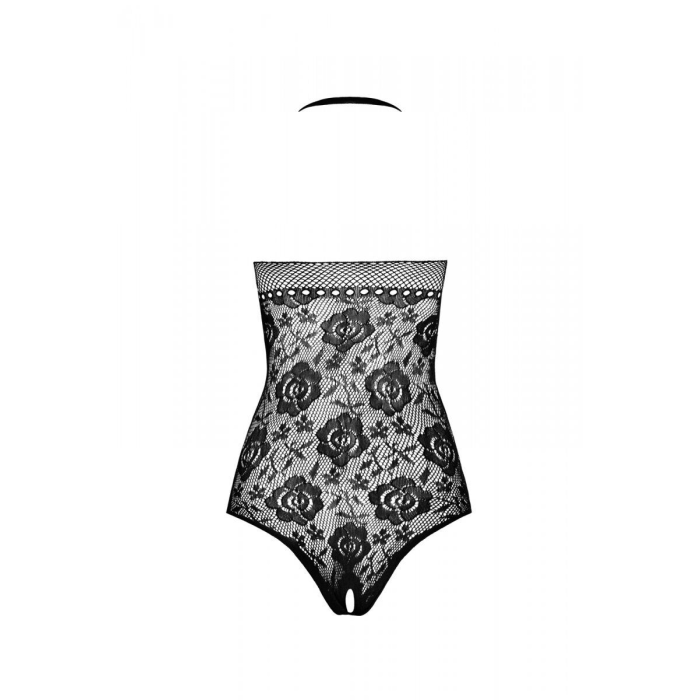 Бодістокінг з імітацією корсетної шнурівки Passion BS094 One Size, black, квітковий візерунок, з дос