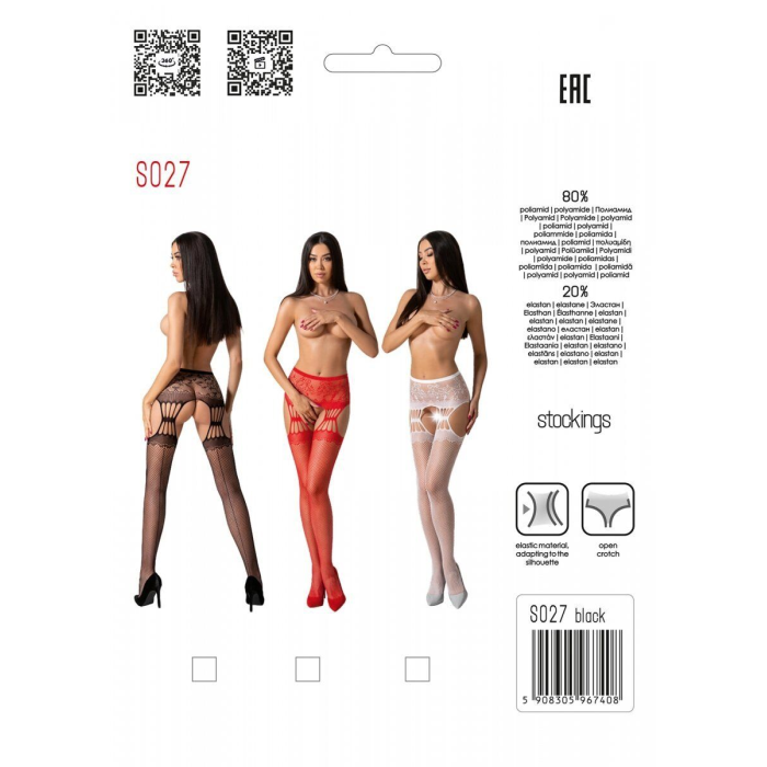 Еротичні колготки-бодістокінг з ажурним поясом Passion S027 One Size, black, відкритий доступ