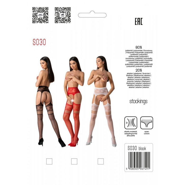 Еротичні колготки-бодістокінг з плетінням на стегнах Passion S030 One Size, black, квітковий візерун