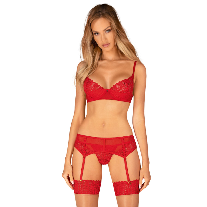 Комплект Obsessive Ingridia 3-pcs set XS/S, червоний, бюстгальтер, стрінги, пояс