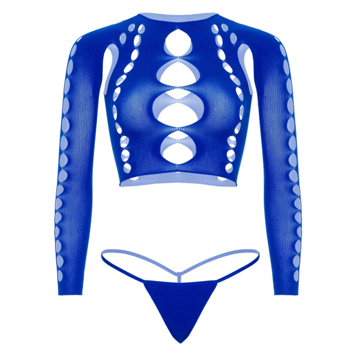 Комплект безшовної білизни Leg Avenue Long sleeve crop top & string Royal Blue One Size, топ, стрінги