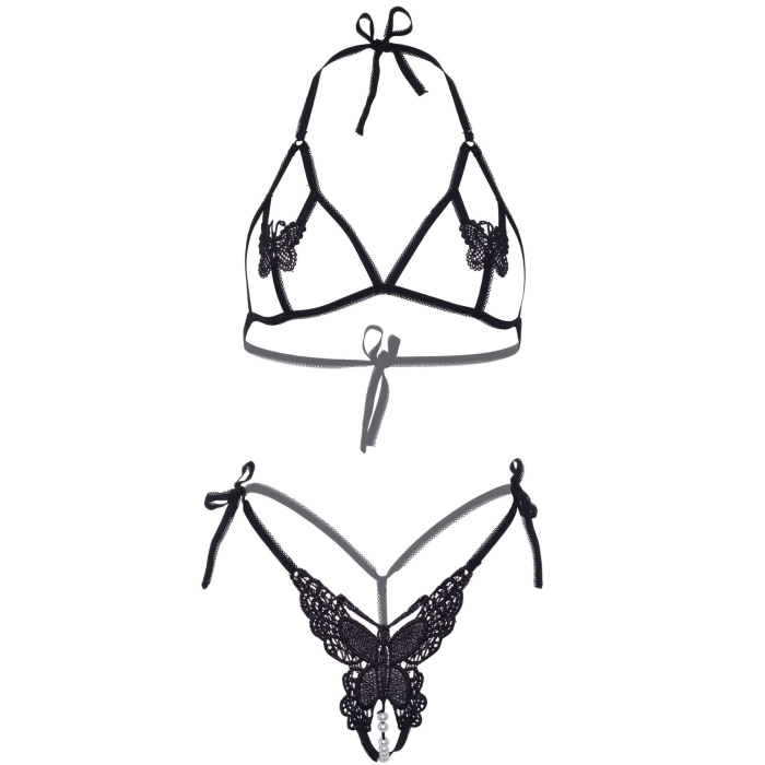 Еротичний комплект з відкритою чашкою Leg Avenue Open cup bra and pearl panty One Size Black