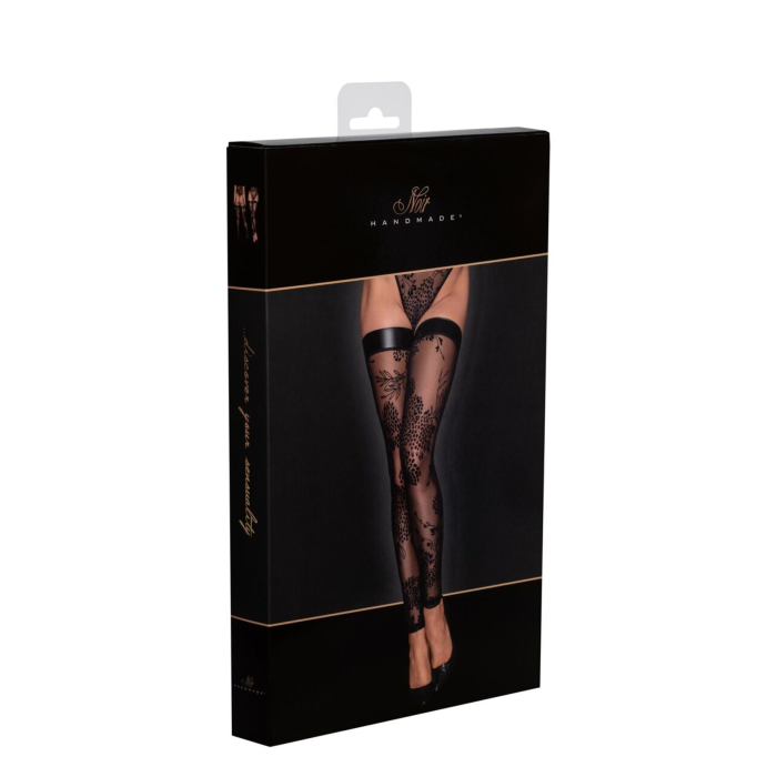 Панчохи без миска Noir Handmade F243 Tulle stockings with patterned flock embroidery, L