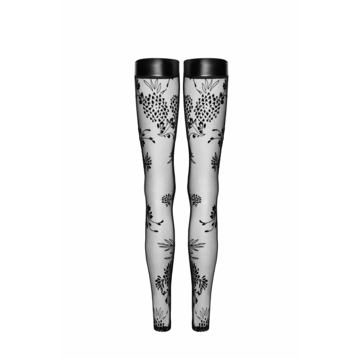 Панчохи без миска Noir Handmade F243 Tulle stockings with patterned flock embroidery, XXL