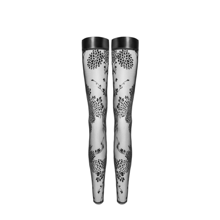 Панчохи без миска Noir Handmade F243 Tulle stockings with patterned flock embroidery, 3XL