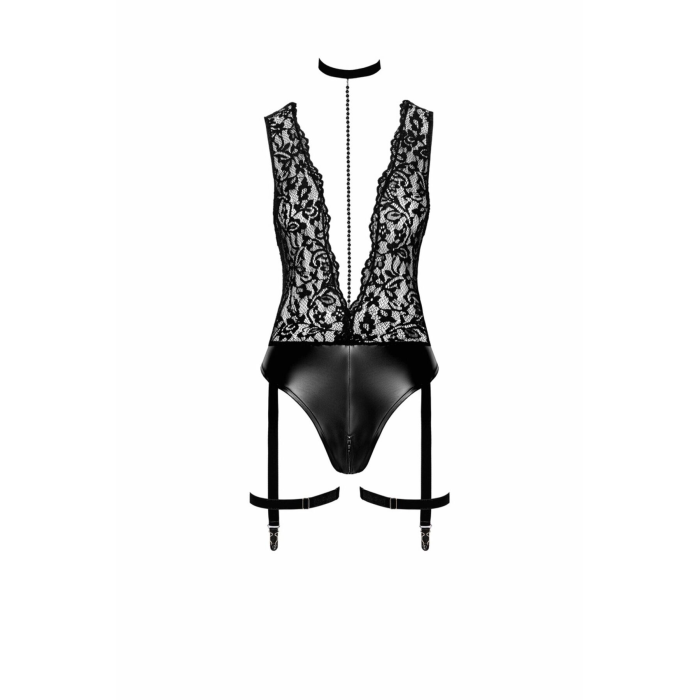Боді Noir Handmade F297 Libido, 3XL, чорне, мереживо, низ під латекс, відкритий доступ, гартери