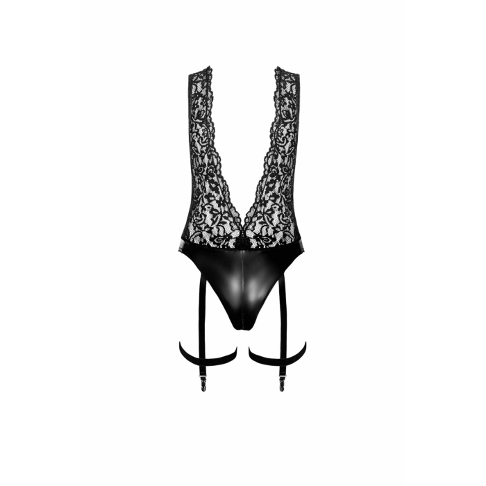 Боді Noir Handmade F297 Libido, 3XL, чорне, мереживо, низ під латекс, відкритий доступ, гартери