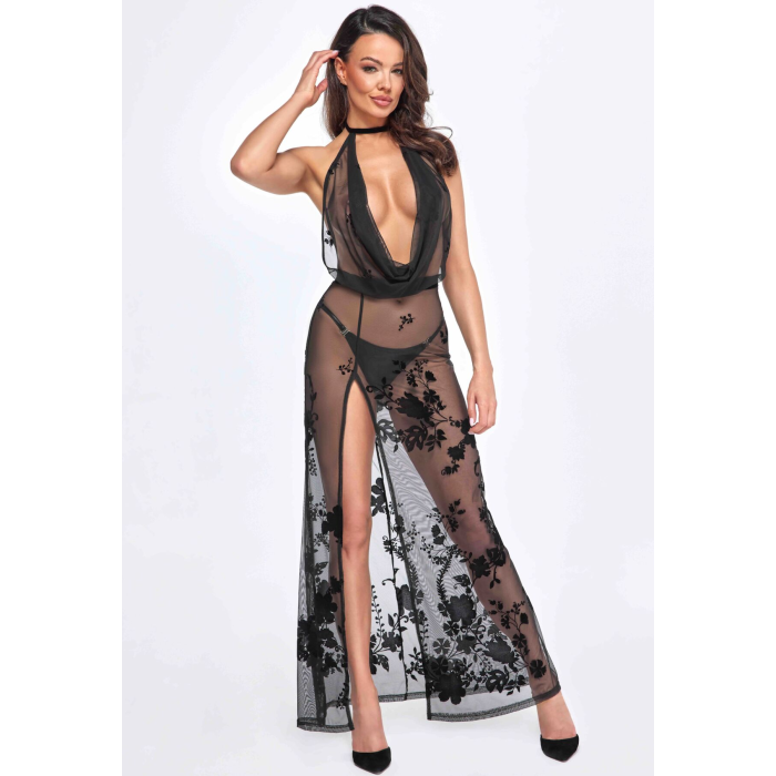 Сукня Noir Handmade F312 Divinity, S, black, прозора, до підлоги, відкрита спина, розріз збоку