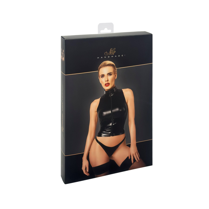 Топ Noir Handmade F324 Glam, M, black, халтер, на блискавці, вінілові вставки, комір-стійка