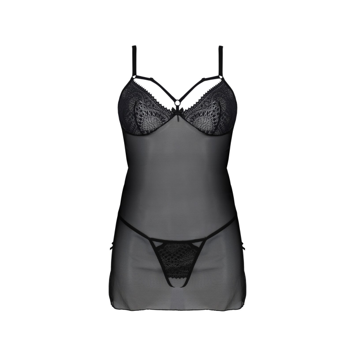 Пеньюар Passion DROSERA CHEMISE black, S/M, мереживний ліф зі стрепами, трусики в комплекті