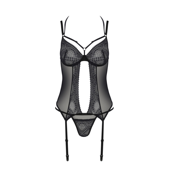 Корсет Passion DROSERA CORSET black, XXL/XXXL, з кріпленнями для панчіх, трусики в комплекті