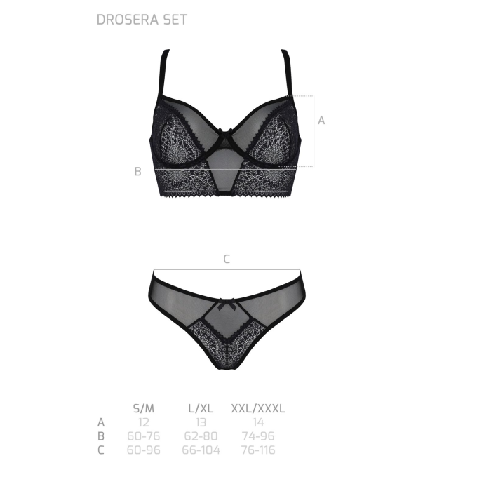 Комплект Passion DROSERA SET black, L/XL, сітка+мереживо, бюстьє та трусики танга