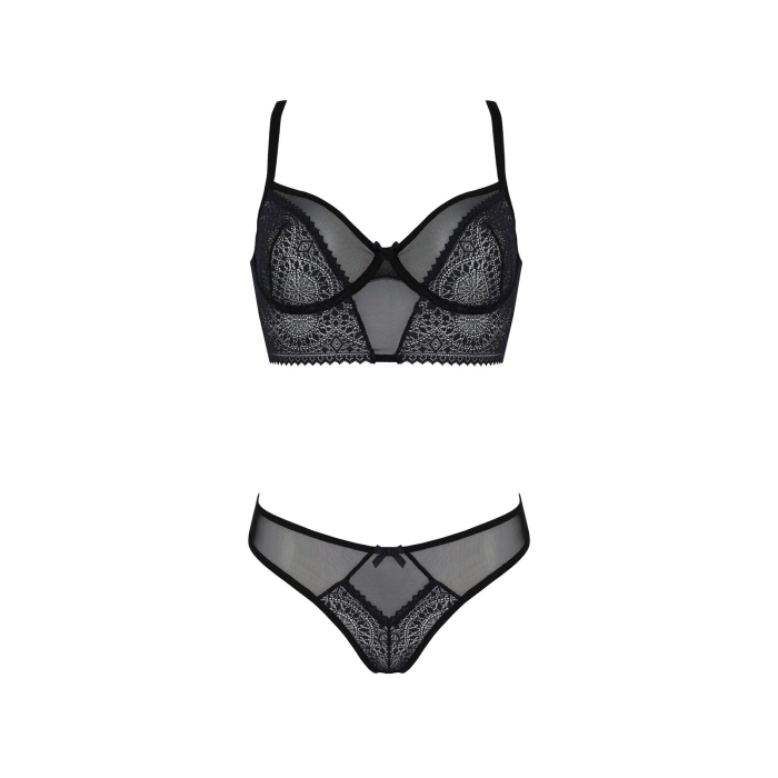 Комплект Passion DROSERA SET black S/M, сітка+мереживо, бюстьє та трусики танга