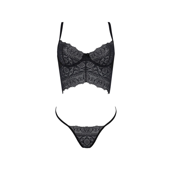 Комплект Passion KERRIA SET black, S/M, сітка+мереживо, бюстьє та стрінги