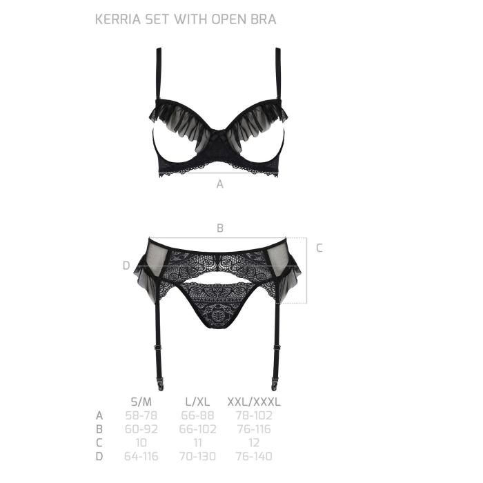 Комплект Passion KERRIA SET WITH OPEN BRA black, L/XL, бюстгальтер з відкритою чашкою, стрінги, пояс для панчіх