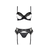 Комплект Passion KERRIA SET WITH OPEN BRA black, S/M, бюстгальтер з відкритою чашкою, стрінги, пояс для панчіх