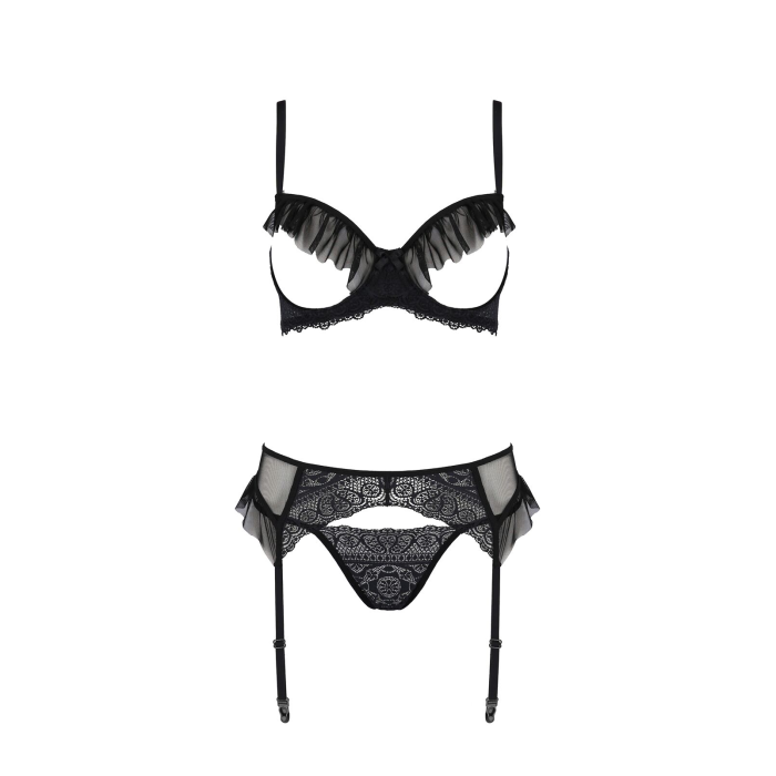 Комплект Passion KERRIA SET WITH OPEN BRA black, XXL/XXXL, бюстгальтер з відкритою чашкою, стрінги, пояс для панчіх