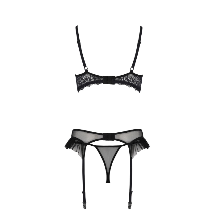 Комплект Passion KERRIA SET WITH OPEN BRA black, XXL/XXXL, бюстгальтер з відкритою чашкою, стрінги, пояс для панчіх