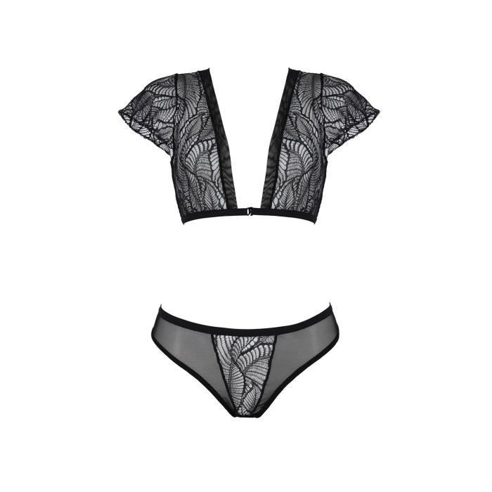 Комплект Passion LEAFA BIKINI black, XXL/XXXL, бюстгальтер-топ з рукавчиками, стрінги-шортики з вирізом
