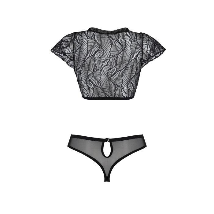 Комплект Passion LEAFA BIKINI black, XXL/XXXL, бюстгальтер-топ з рукавчиками, стрінги-шортики з вирізом