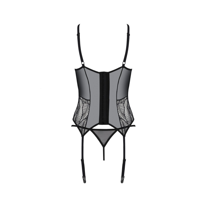 Корсет Passion LEAFA CORSET black S/M, м'які чашки, затискачі для панчіх, стрінги в комплекті
