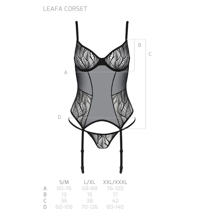 Корсет Passion LEAFA CORSET black S/M, м'які чашки, затискачі для панчіх, стрінги в комплекті