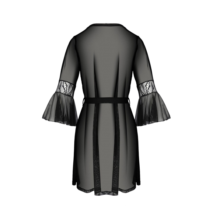 Пеньюар Passion LEAFA PEIGNOIR black, XXL/XXXL, довжина трохи вище коліна, широкі рукави, зав'язується на пояс