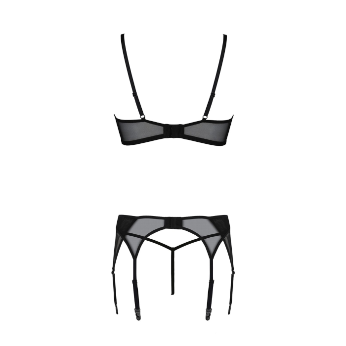Комплект Passion LEAFA SET black, L/XL, мереживо+сітка, бюстгальтер на кісточках, стрінги, пояс для панчіх
