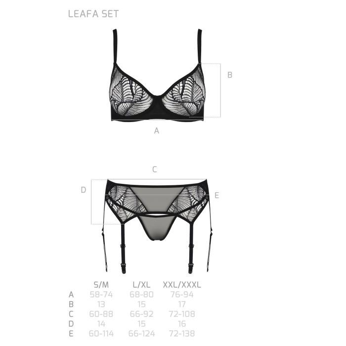 Комплект Passion LEAFA SET black S/M, мереживо+сітка, бюстгальтер на кісточках, стрінги, пояс для панчіх