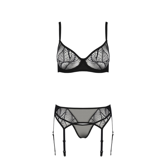 Комплект Passion LEAFA SET black, XXL/XXXL, мереживо+сітка, бюстгальтер на кісточках, стрінги, пояс для панчіх