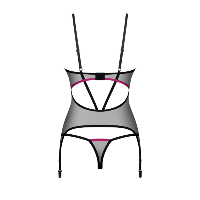 Корсет Obsessive Novenes corset & thong, XL/2XL, прозорий, відкрита спина, стрінги в комплекті