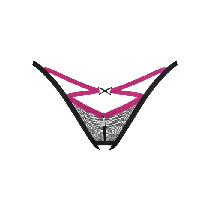 Трусики-стрінги Obsessive Novenes crotchless thong, XL/2XL, сітка, стрепи, прикраса зі стразами