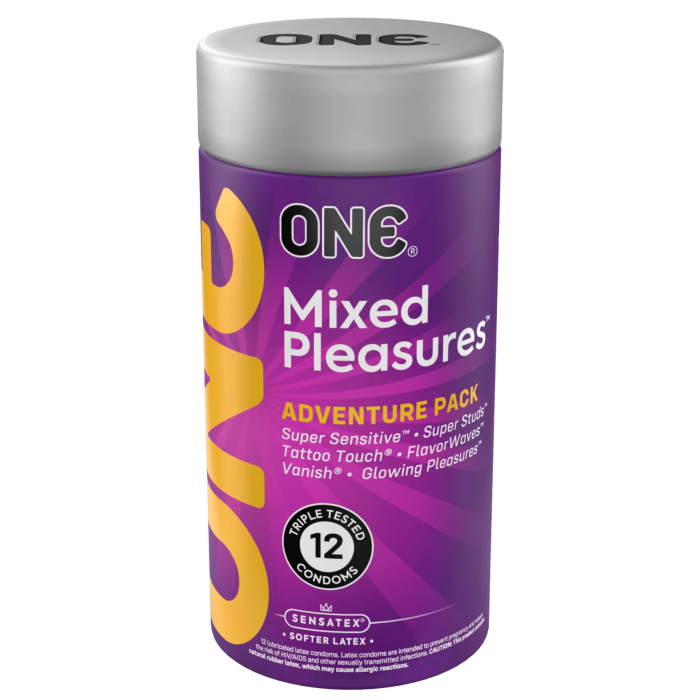 Презервативи ONE Mixed Pleasures, 12 шт, 6 видів, подарункове паковання-тубус