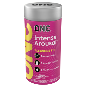 Подарунковий набір ONE Intense Arousal, у комплекті 6 презервативів, 6 саше з лубрикантом, віброкільце