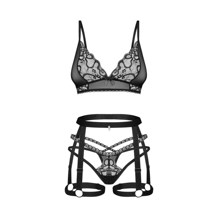 Комплект Obsessive Blomentis 3-pcs set, XS/S, м’який ліф, стрінги зі стрепами, пояс із гартерами