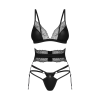 Комплект Obsessive Lobellis 3-pcs set, XS/S, чорний, ліф з м’якою чашкою, стрінги, пояс для панчіх