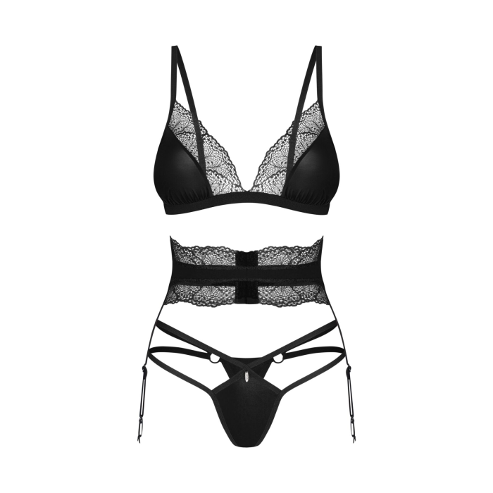 Комплект Obsessive Lobellis 3-pcs set, XS/S, чорний, ліф з м’якою чашкою, стрінги, пояс для панчіх