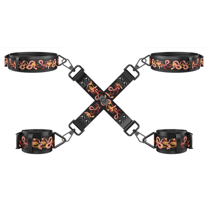 БДСМ-набір LOCKINK The Flowering Serpent Bondage Set, чорний, з малюнком у вигляді змій, 12 предметів