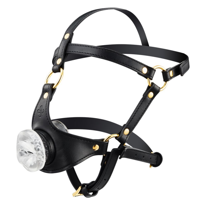 Маска-збруя для мінету LOCKINK SEVANDA Blowjob Head Harness, чорна, з м’якою вставкою у вигляді губ