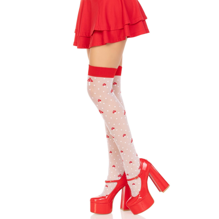 Панчохи Leg Avenue Polka Dot Mushroom Thigh Highs, One Size, біло-червоні, на резинці, малюнок — гриби